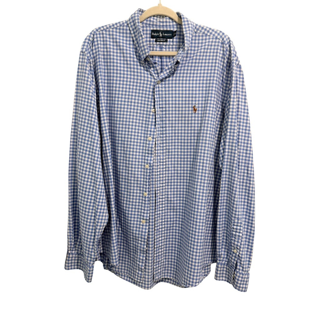 Ralph Lauren Blue Gingham Button Down Shirt XXL 2XL 100% Cotton Flesh Pony Logo